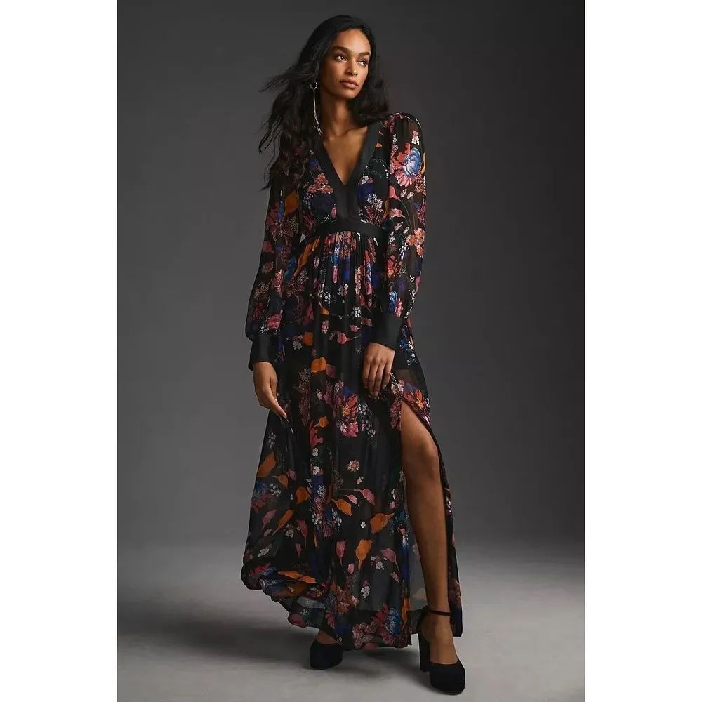 Anthropologie Maeve Deep-V Printed Maxi Dress